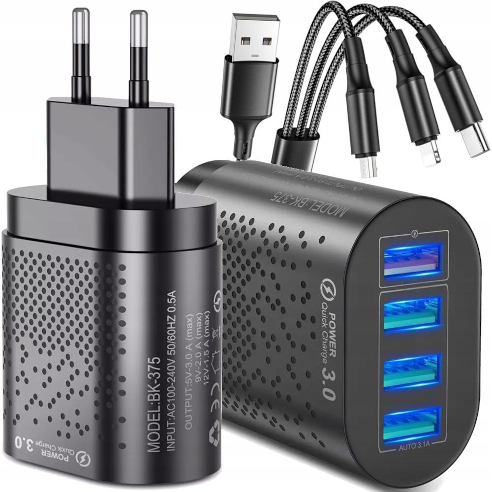 RÝCHLA SIEŤOVÁ NABÍJAČKA PRE TELEFÓN VÝKONNÁ QC 3.0 48W + KÁBEL 3v1